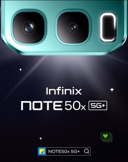 Infinix Note 50X 5G smartphone with 6.8-inch FHD+ display, 50MP camera, and 5000mAh battery, offering fast performance and 5G connectivity.