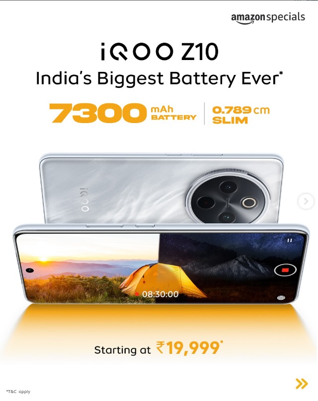 IQOO Z10 smartphone showcasing its sleek design, large 6.58-inch Full HD+ display, and powerful 50MP camera setup.
